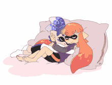 a drawing of a girl hugging another girl on a pillow
