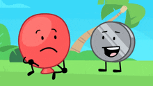 a red balloon with a sad face and a silver coin with a happy face