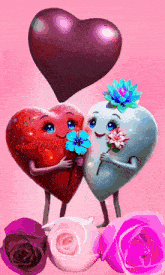 a couple of hearts standing next to each other on a pink background with flowers
