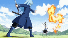 a man in a blue coat is holding a sword while a man in a white coat is standing in front of a fire