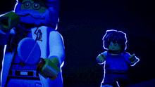 two lego figures are standing next to each other in a dark room and one has the letter r on his chest