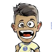 a cartoon of a boy wearing a yellow shirt with a blue circle on it