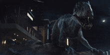 a large dinosaur is standing in front of a building with a sign that says ' t. rex '