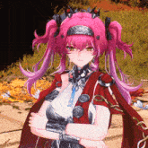 a girl with pink hair is wearing a red cape and a crown