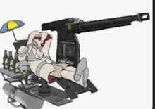 a cartoon of a storm trooper laying on top of a gun with bottles of beer and an umbrella .