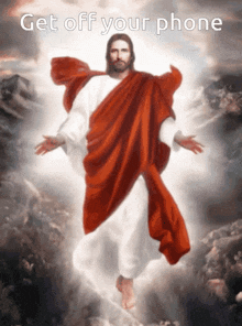 a picture of jesus with the words get off your phone