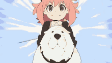 a girl with pink hair is smiling while holding a white dog