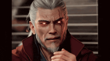 a man with gray hair and red eyes is looking at the camera