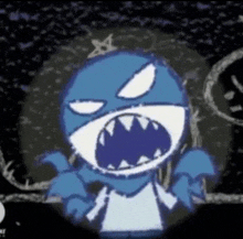 a cartoon character with a big mouth and sharp teeth is standing in a dark room .