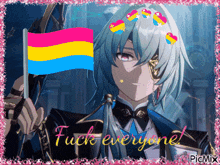 a picture of a person holding a flag with the words fuck everyone on it