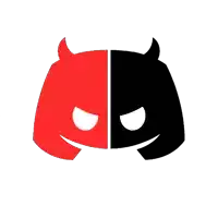 a red and black devil icon with horns