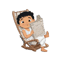 a cartoon of a boy sitting in a rocking chair reading a paper