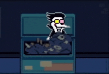 a pixel art of a man standing in a box with a bunch of trash in it .
