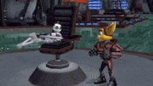 a video game character is standing next to a chair with a skeleton in it .