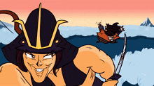 a cartoon drawing of a samurai holding a sword and smiling