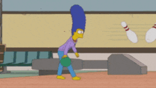 a cartoon of marge simpson holding a bowling ball on a bowling alley