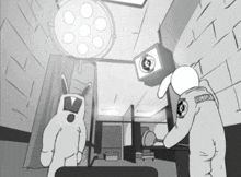 a black and white drawing of two rabbits in an operating room with the word surgeon on their uniform