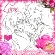 a black and white drawing of a man and woman with the word love on the top