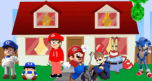 a group of cartoon characters are standing outside of a house