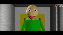 a cartoon character in a green shirt with a red lip