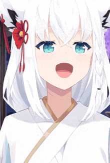 a white haired anime girl with blue eyes and a flower in her hair