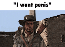 a man in a cowboy hat is holding a gun with the words " i want penis " behind him