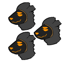 three cartoon heads of a black dog with orange eyes and a hood .