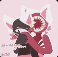 a cartoon character is hugging another cartoon character with a big mouth .