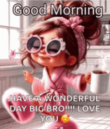 a little girl wearing sunglasses and a robe is holding a cup of coffee .