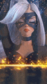 a woman in a cat mask is standing in front of a box .