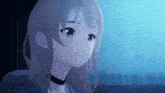 a close up of a girl 's face with a blue background