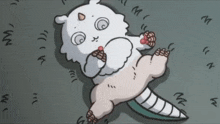 a cartoon drawing of a white animal laying on its back on the ground .