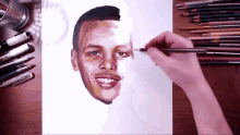 a person is drawing a picture of a man 's face with colored pencils