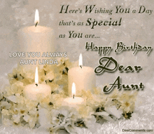 a birthday card for aunt linda with three candles and flowers