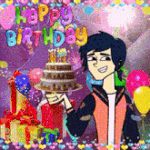 a cartoon character is holding a birthday cake in front of balloons and presents