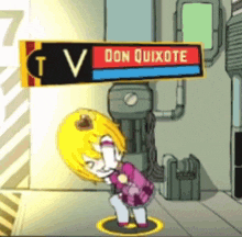 a cartoon character with a sign that says don quixote