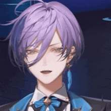 a close up of a person 's face with purple hair and a blue bow tie