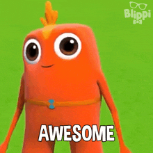 a cartoon character with big eyes and a crown on his head is saying awesome .