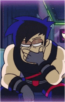 a cartoon character with blue hair is covering his mouth