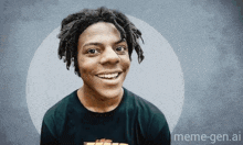 a man with dreadlocks is smiling in front of a meme-gen.ai banner