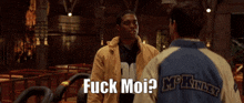 two men are talking to each other and one of them is wearing a jacket that says ' peckerfield ' on it