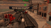 a video game screen shows a checkpoint in the middle of the street