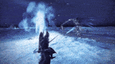 a video game scene with a knight holding a sword in front of a monster