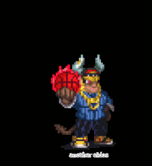 a pixel art of a man holding a sun and the words another rides below him