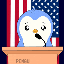 a cartoon of a penguin behind a podium with the name pengu on it