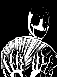 a black and white drawing of a skeleton holding a bunch of money