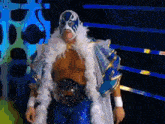 a wrestler in a blue and white costume with feathers