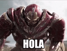 a close up of a robot with the word hola on it