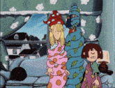 a cartoon of a girl wrapped in leaves standing next to a boy
