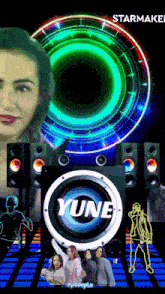 a poster for yune shows a woman and a group of people dancing